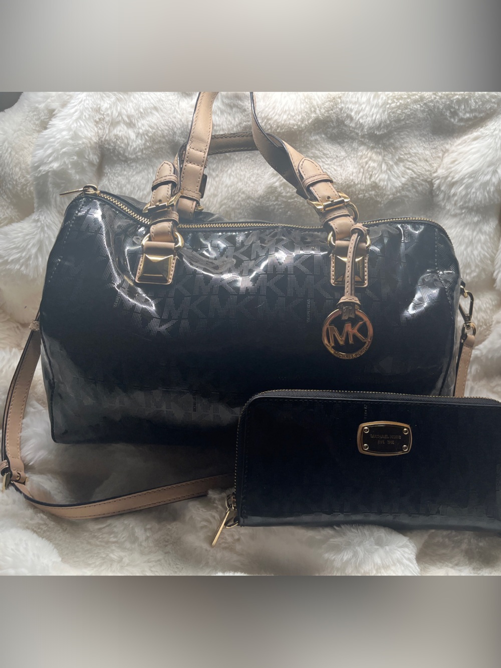 Michael Kors Grayson Black Patent Satchel with Tan Leather Handles and Wallet